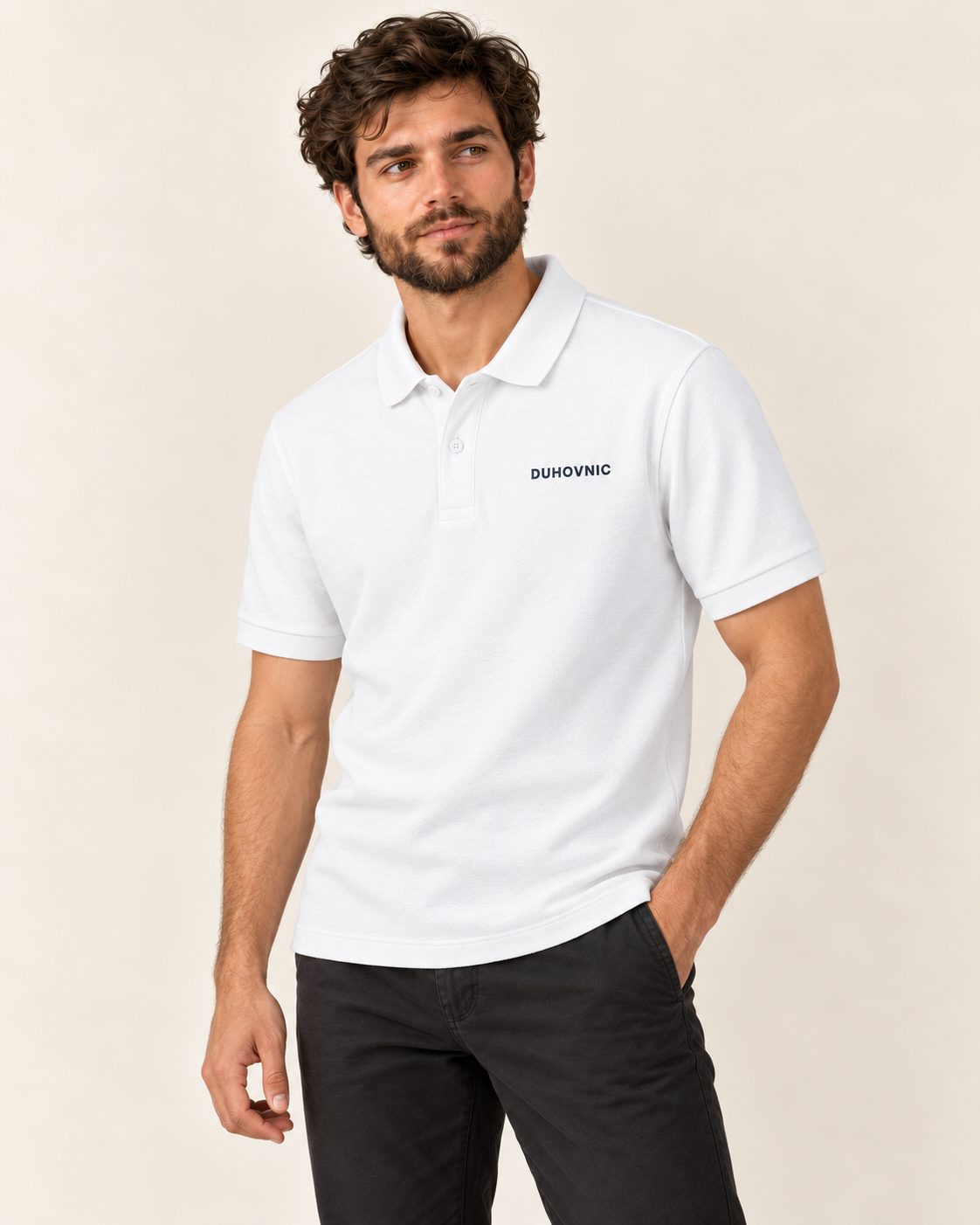 Tricou polo Duhovnic alb cu inscripție – bumbac organic