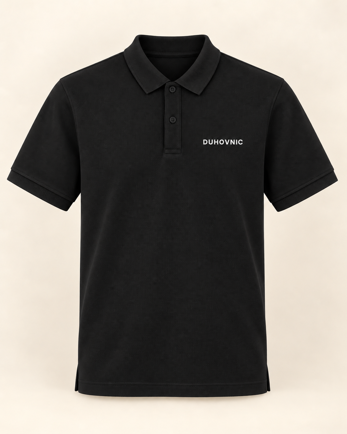 Tricou polo Duhovnic negru cu inscripție – bumbac organic