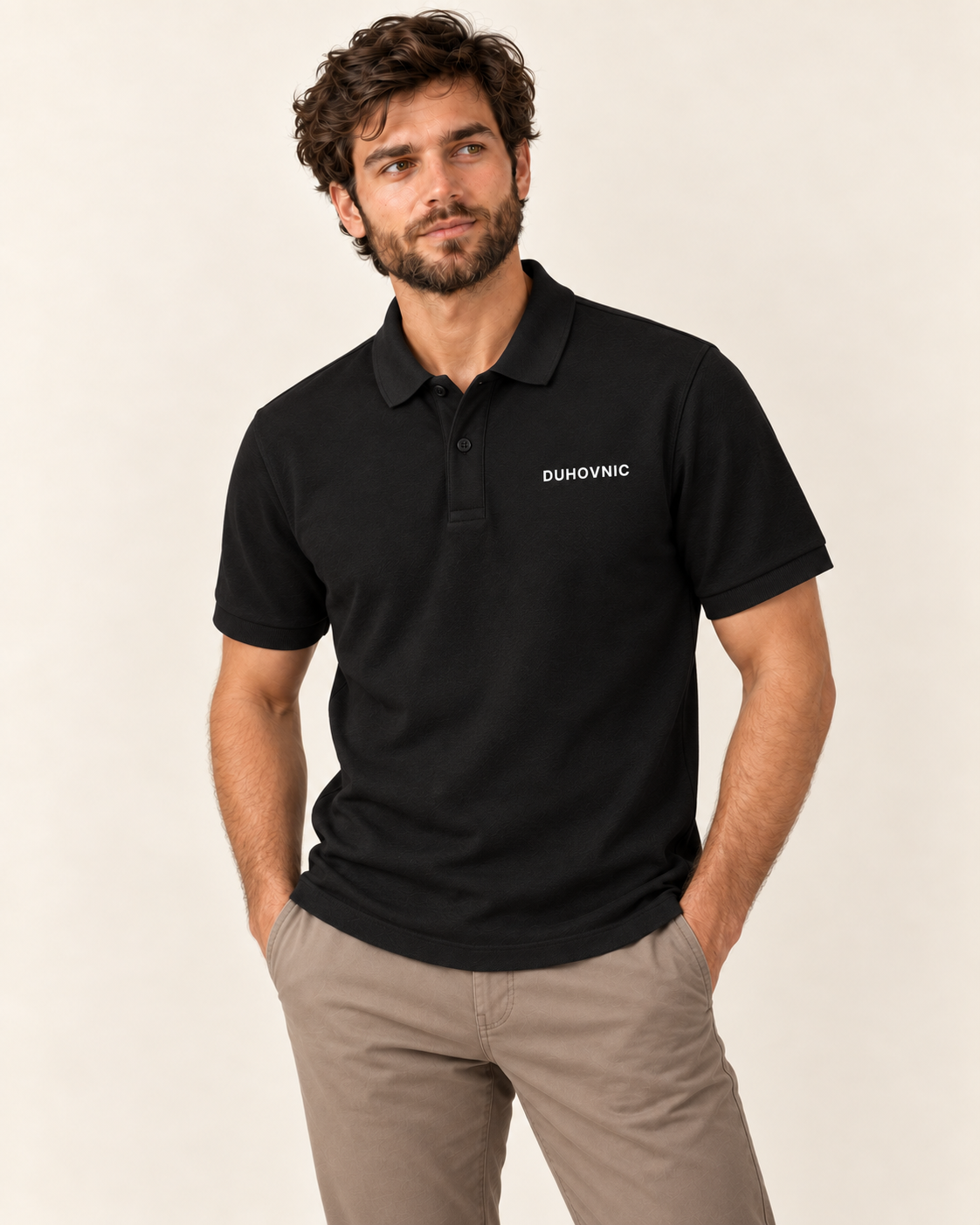 Tricou polo Duhovnic negru cu inscripție – bumbac organic