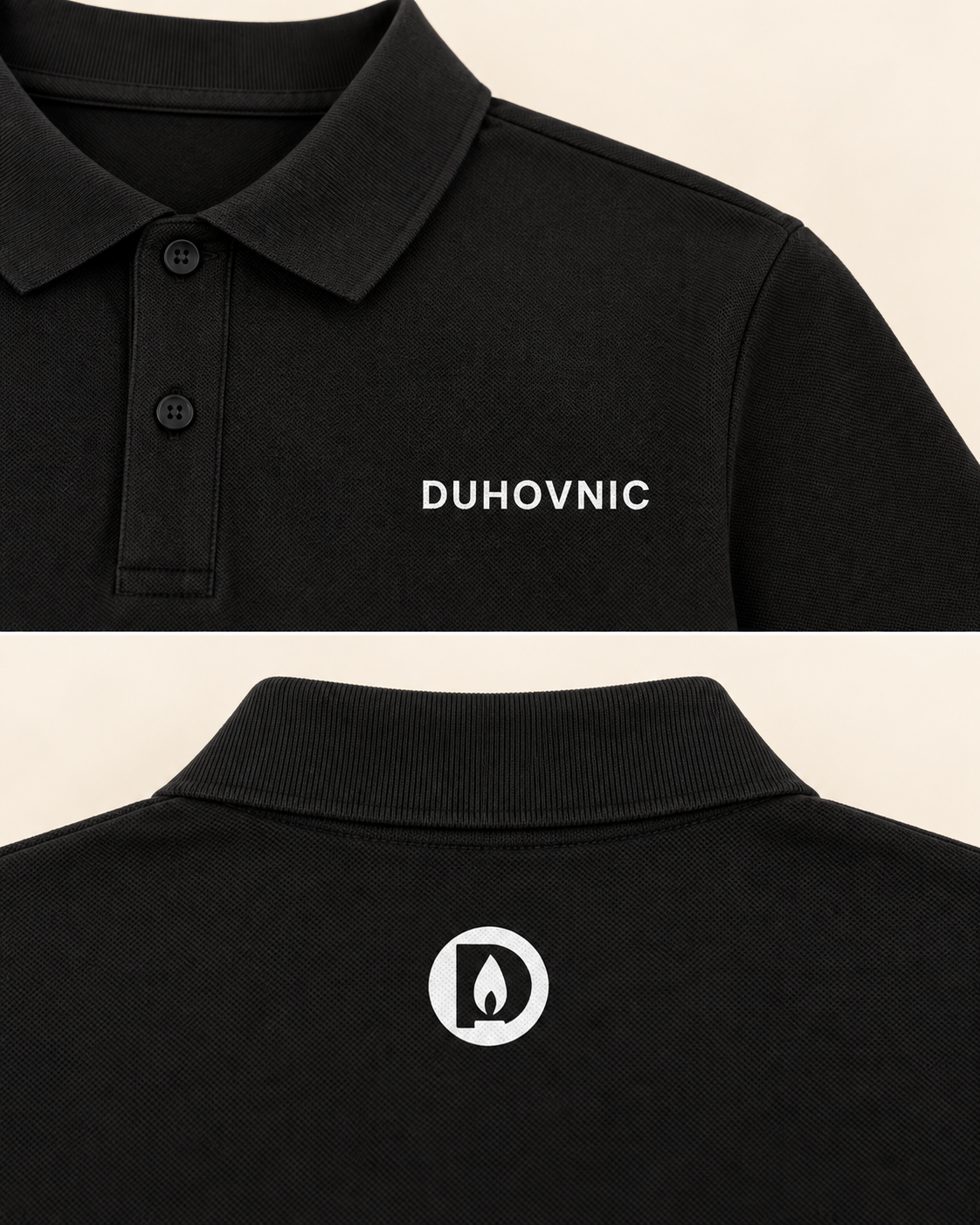 Tricou polo Duhovnic negru cu inscripție – bumbac organic